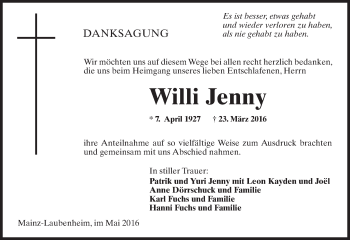 Traueranzeige von Willi Jenny von  Allgemeine Zeitung Mainz