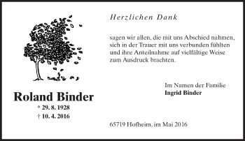 Traueranzeige von Roland Binder von  Hofheimer Zeitung
