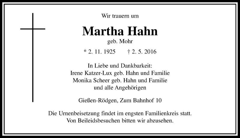  Traueranzeige für Martha Hahn vom 07.05.2016 aus  Gießener Anzeiger