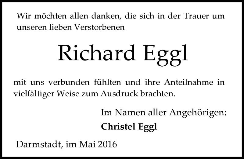  Traueranzeige für Richard Eggl vom 25.05.2016 aus Trauerportal Echo Online