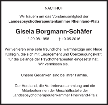 Traueranzeige von Gisela Borgmann-Schäfer von  Allgemeine Zeitung Mainz