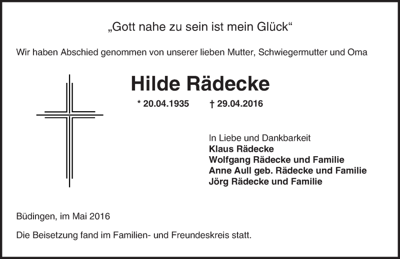  Traueranzeige für Hilde Rädecke vom 14.05.2016 aus  Kreisanzeiger