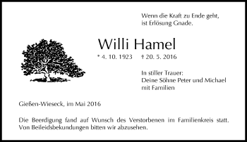 Traueranzeige von Willi Hamel von  Gießener Anzeiger
