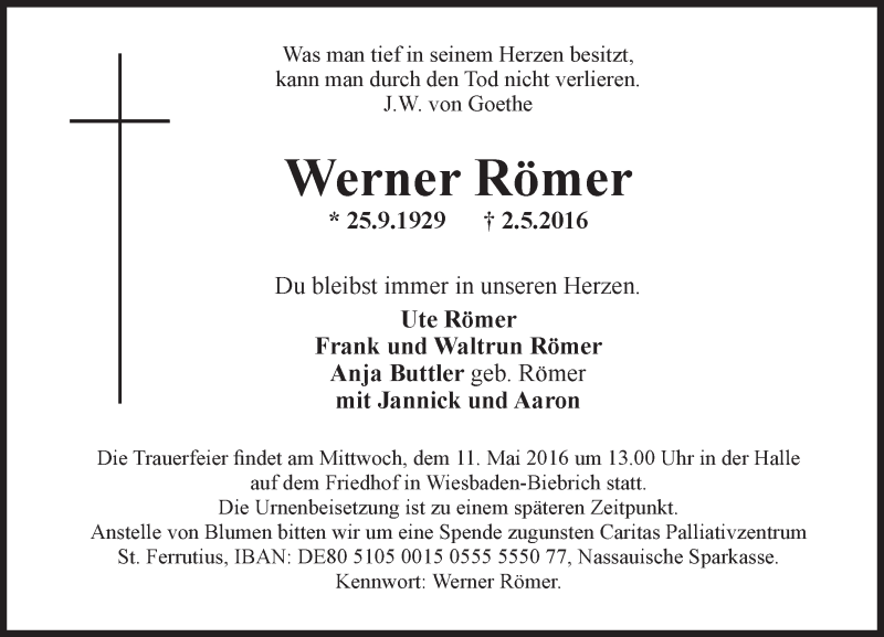  Traueranzeige für Werner Römer vom 07.05.2016 aus  Wiesbaden komplett