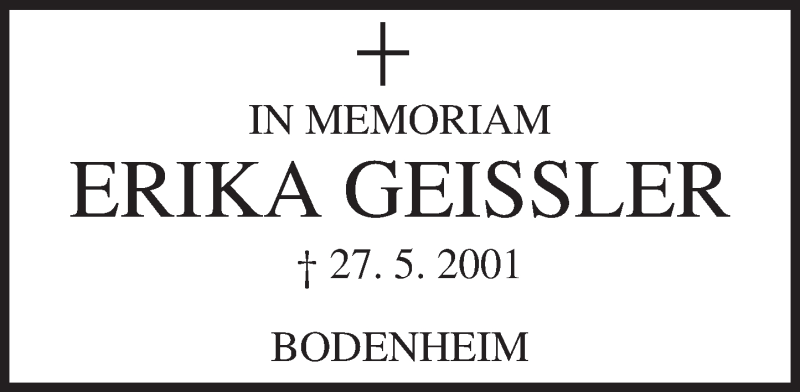  Traueranzeige für Erika Geissler vom 27.05.2016 aus  Allgemeine Zeitung Mainz