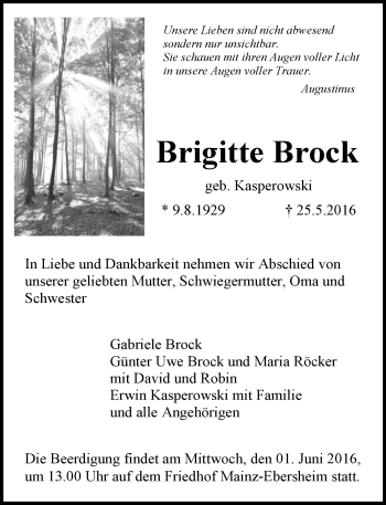 Traueranzeige von Brigitte Brock von  Allgemeine Zeitung Mainz