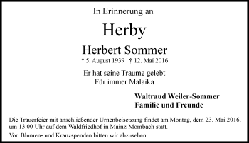 Traueranzeige von Herbert Sommer von  Allgemeine Zeitung Mainz