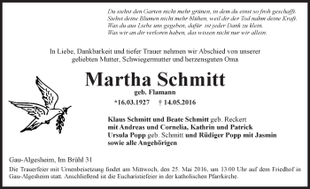 Traueranzeige von Martha Schmitt von  Allgemeine  Zeitung Ingelheim-Bingen