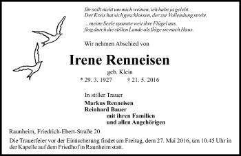 Traueranzeige von Irene Renneisen von  Mainspitze