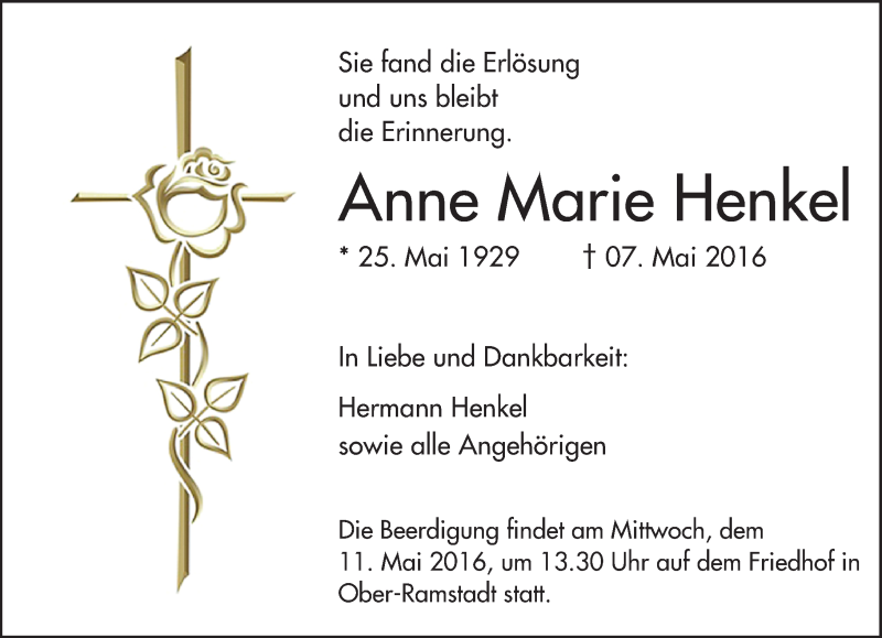  Traueranzeige für Anne Marie Henkel vom 10.05.2016 aus Trauerportal Echo Online
