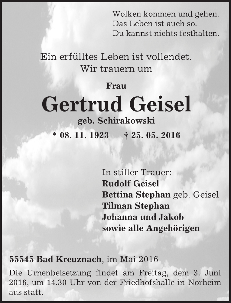  Traueranzeige für Gertrud Geisel vom 31.05.2016 aus  Allg. Zeitung Bad Kreuznach