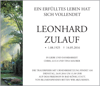 Traueranzeige von Leonhard Zulauf von Trauerportal Echo Online
