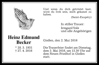 Traueranzeige von Heinz Edmund Becker von  Gießener Anzeiger