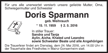 Traueranzeige von Doris Sparmann von  Allgemeine Zeitung Mainz