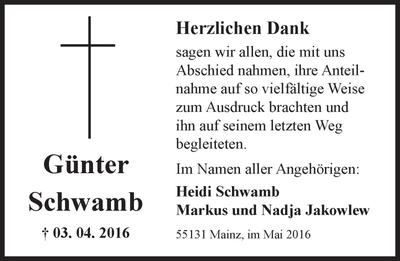  Traueranzeige für Günter Schwamb vom 14.05.2016 aus  Allgemeine Zeitung Mainz