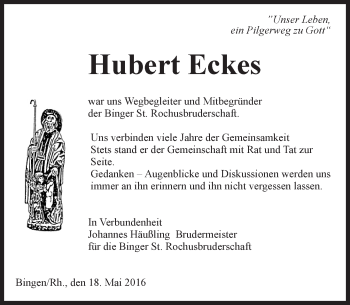 Traueranzeige von Hubert Eckes von  Allgemeine  Zeitung Ingelheim-Bingen