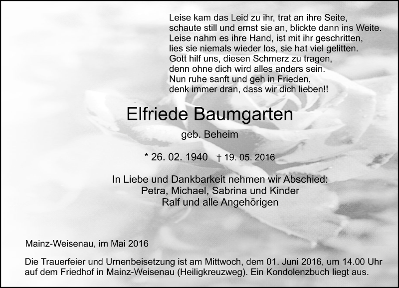  Traueranzeige für Elfriede Baumgarten vom 28.05.2016 aus  Allgemeine Zeitung Mainz