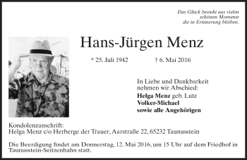 Traueranzeige von Hans-Jürgen Menz von  Wiesbaden komplett