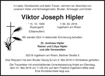 Traueranzeige von Viktor Joseph Hipler von  Allgemeine  Zeitung Ingelheim-Bingen