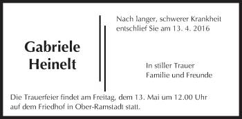 Traueranzeige von Gabrielle Heinelt von Trauerportal Echo Online