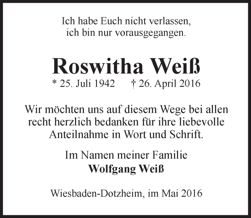  Traueranzeige für Roswitha Weiß vom 28.05.2016 aus  Wiesbaden komplett