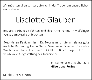 Traueranzeige von Liselotte Glauben von Trauerportal Echo Online