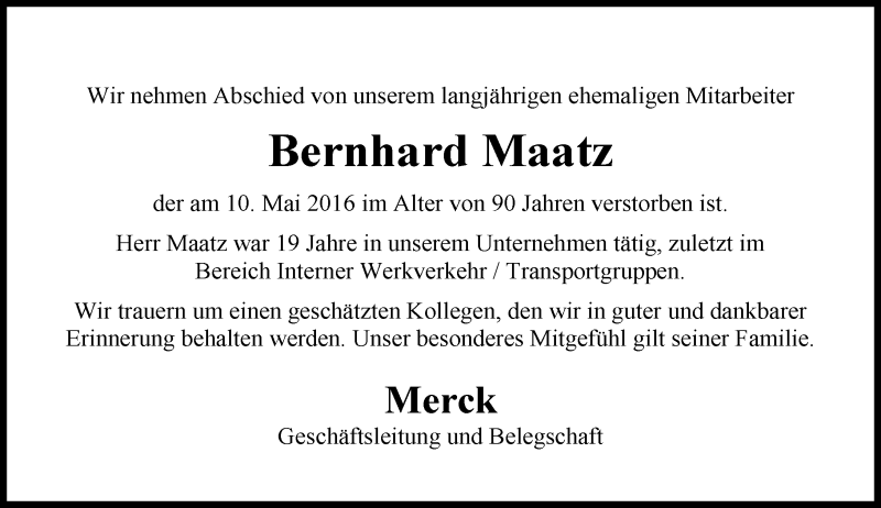  Traueranzeige für Bernhard Maatz vom 21.05.2016 aus Trauerportal Echo Online