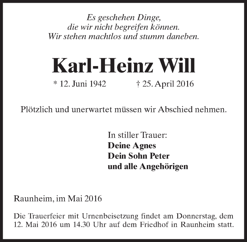  Traueranzeige für Karl-Heinz Will vom 07.05.2016 aus  Mainspitze
