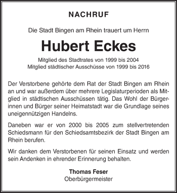 Traueranzeige von Hubert Eckes von  Allgemeine  Zeitung Ingelheim-Bingen
