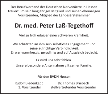 Traueranzeige von Peter Laß-Tegethoff von  Gießener Anzeiger