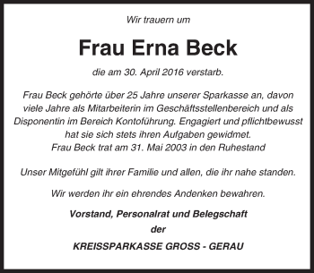 Traueranzeige von Erna Beck von Trauerportal Echo Online