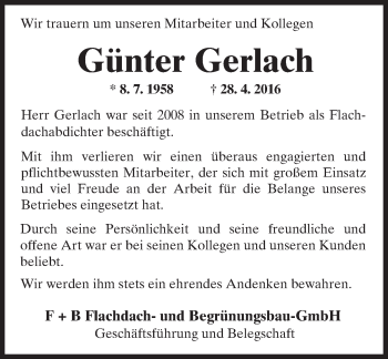 Traueranzeige von Günter Gerlach von  Kreisanzeiger