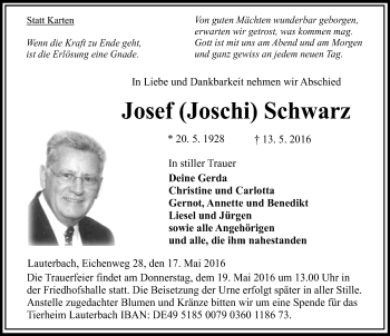 Traueranzeige von Josef Joschi Schwarz von VRM Trauer