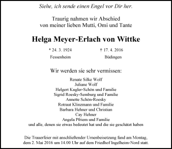 Traueranzeige von Helga Meyer-Erlach von Wittke von  Allgemeine  Zeitung Ingelheim-Bingen