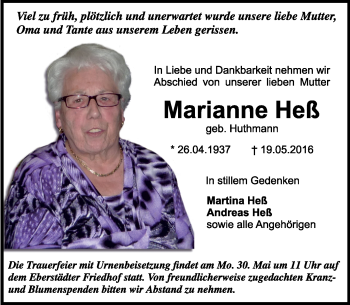 Traueranzeige von Marianne Heß von Trauerportal Echo Online