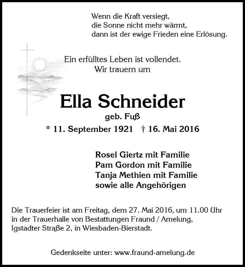  Traueranzeige für Ella Schneider vom 21.05.2016 aus  Wiesbaden komplett