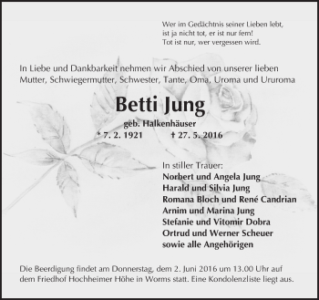 Traueranzeige von Betti Jung von  Wormser Zeitung