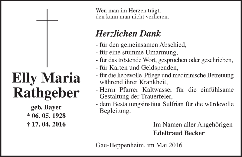  Traueranzeige für Elly Maria Rathgeber vom 21.05.2016 aus  Allgemeine Zeitung Alzey