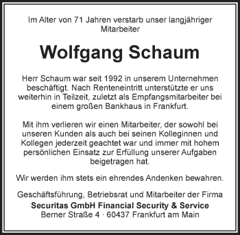 Traueranzeige von Wolfgang Schaum von  Mainspitze