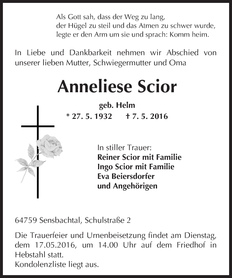  Traueranzeige für Anneliese Scior vom 13.05.2016 aus Trauerportal Echo Online