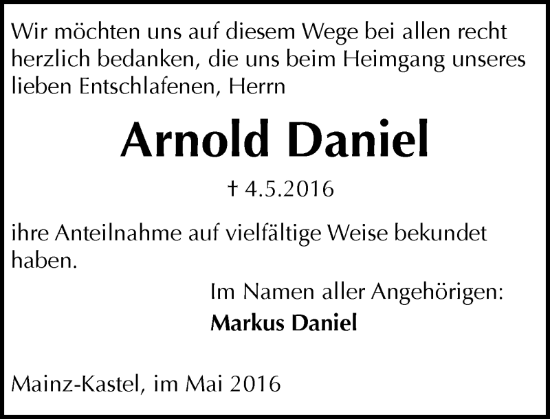  Traueranzeige für Arnold Daniel vom 28.05.2016 aus  Wiesbaden komplett