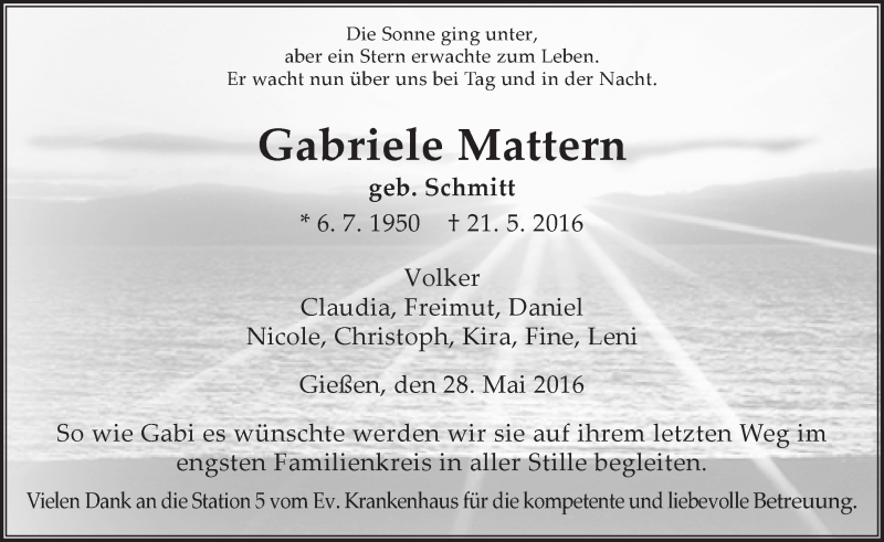  Traueranzeige für Gabriele Mattern vom 28.05.2016 aus  Gießener Anzeiger