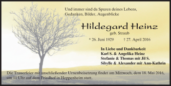 Traueranzeige von Hildegard Heinz von Trauerportal Echo Online