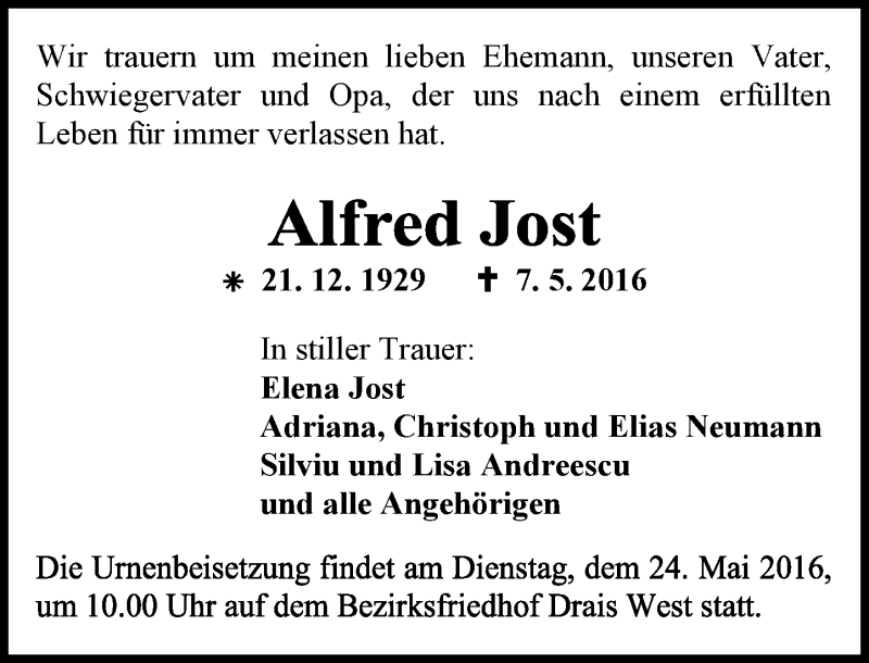  Traueranzeige für Alfred Jost vom 21.05.2016 aus  Allgemeine Zeitung Mainz
