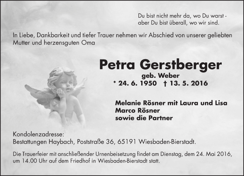  Traueranzeige für Petra Gerstberger vom 18.05.2016 aus  Wiesbaden komplett