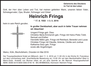 Traueranzeige von Heinrich Frings von  Allgemeine Zeitung Mainz