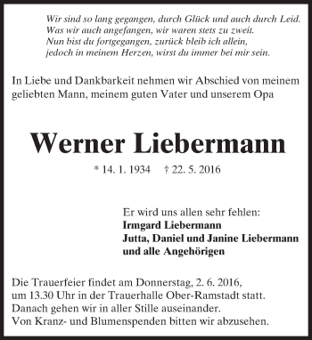 Traueranzeige von Werner Liebermann von Trauerportal Echo Online