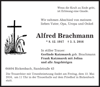 Traueranzeige von Alfred Brachmann von Trauerportal Echo Online