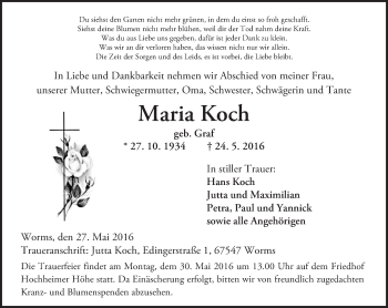 Traueranzeige von Maria Koch von  Wormser Zeitung