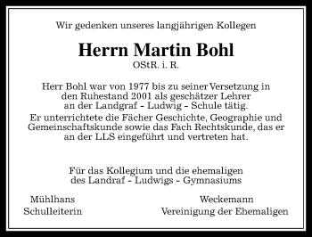 Traueranzeige von Martin Bohl von  Gießener Anzeiger